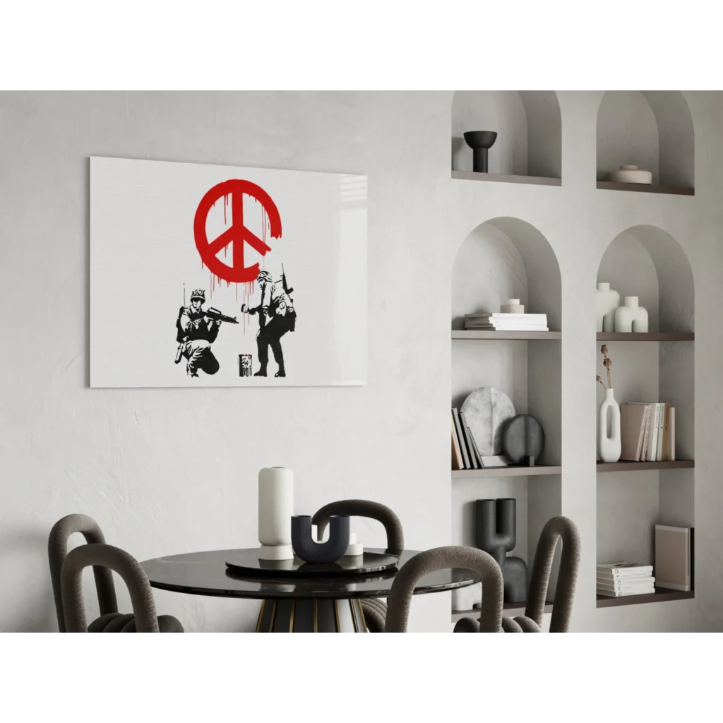 Red peace symbol with dripping paint over silhouetted soldiers wall art