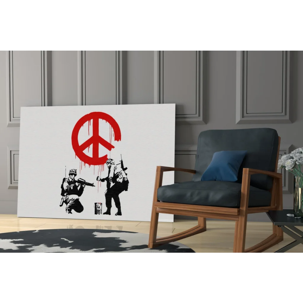 Banksy red peace symbol with soldiers canvas wall art print