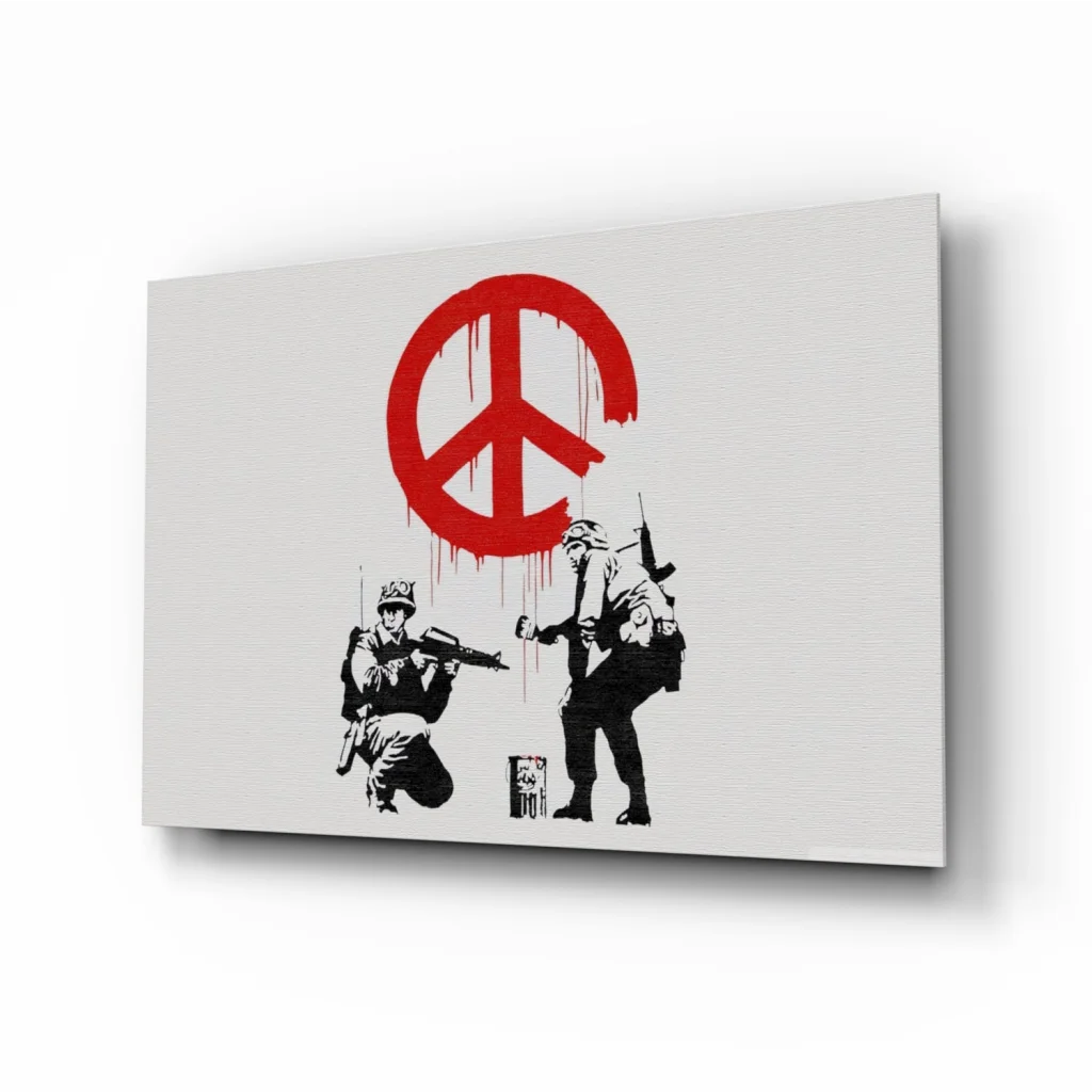 Red peace symbol dripping over black soldiers wall art canvas print