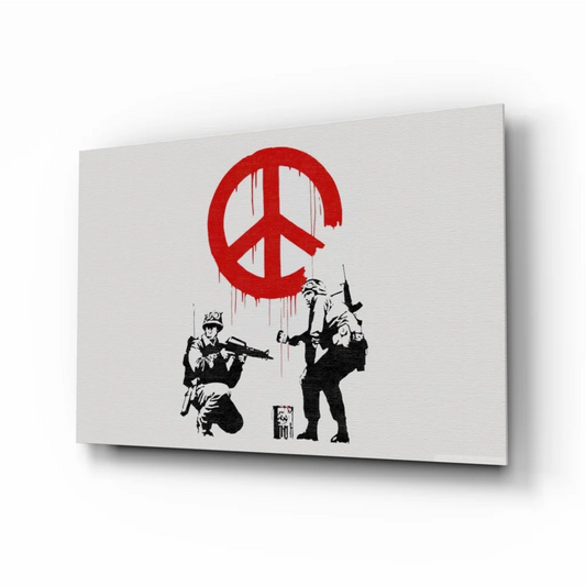 Red peace symbol dripping over black soldiers wall art canvas print