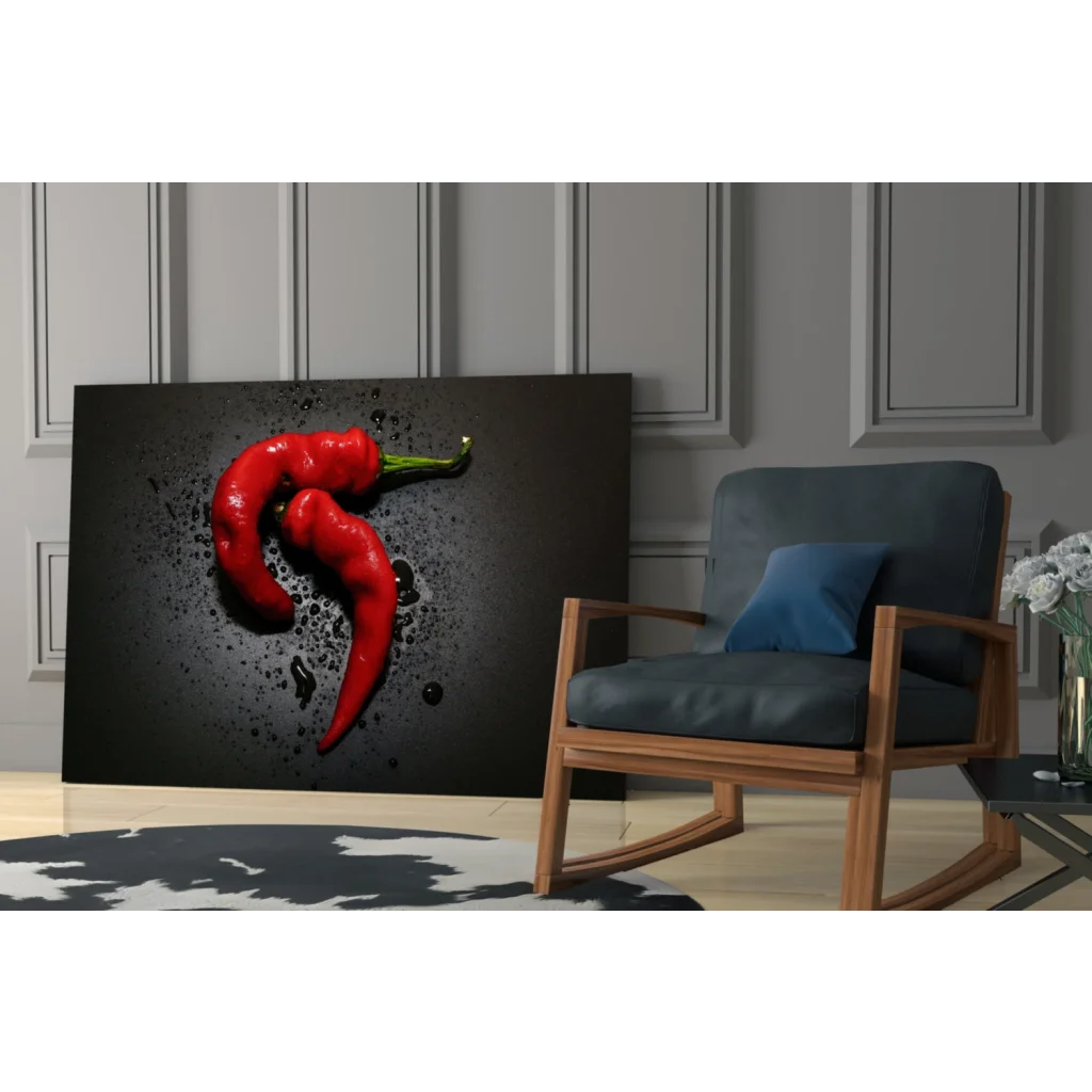 Vibrant red chili peppers in water droplets on glass wall art