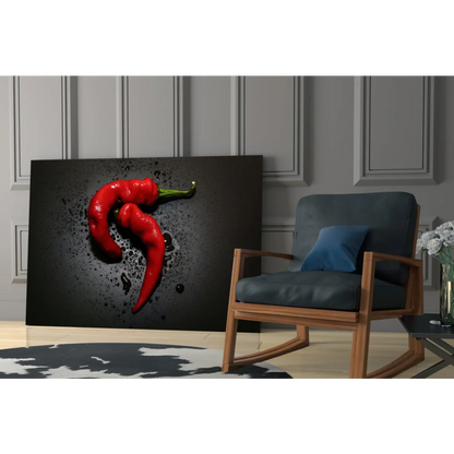 Vibrant red chili peppers in water droplets on glass wall art