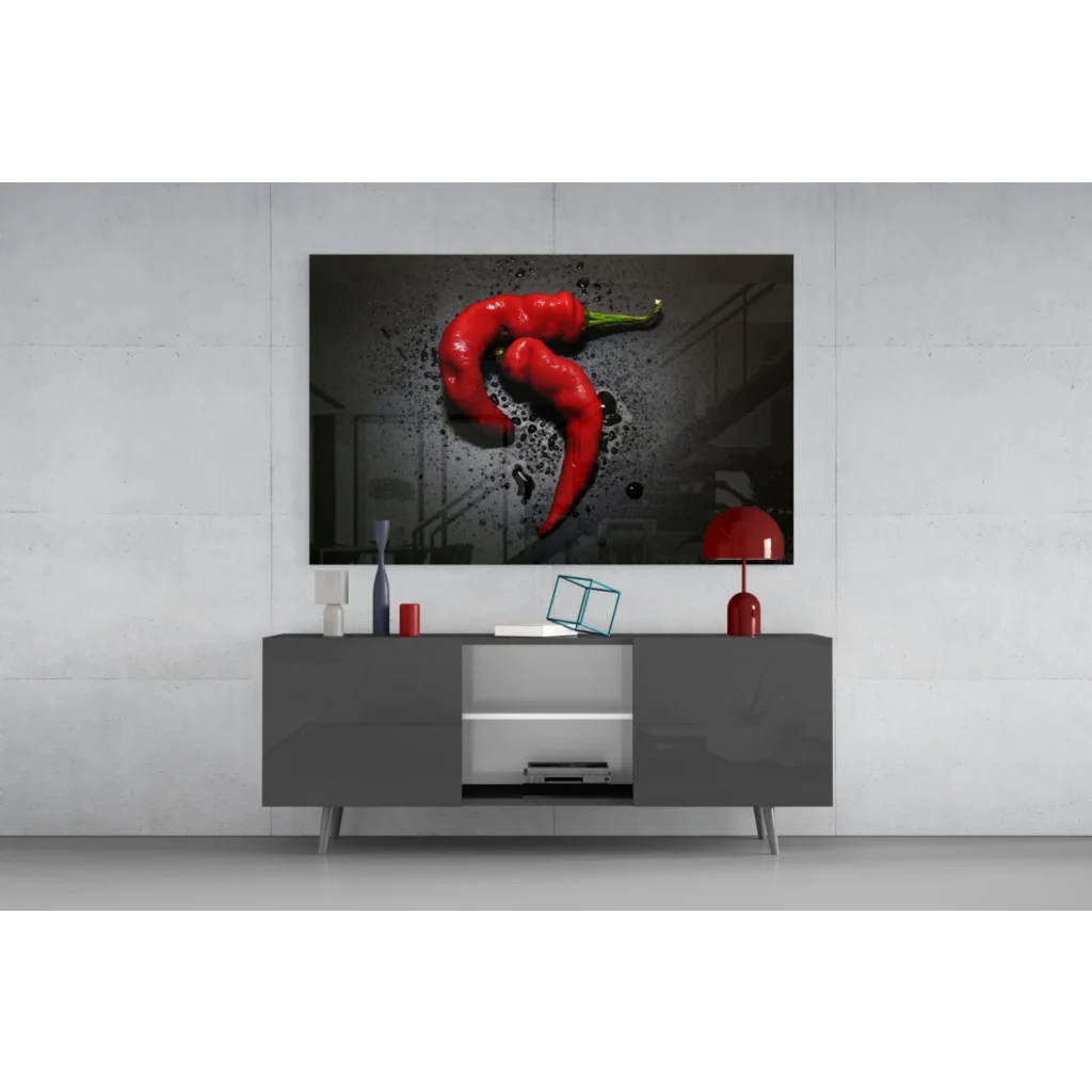 Vibrant red chili peppers on glossy glass wall art poster