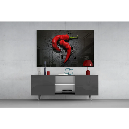 Vibrant red chili peppers on glossy glass wall art poster