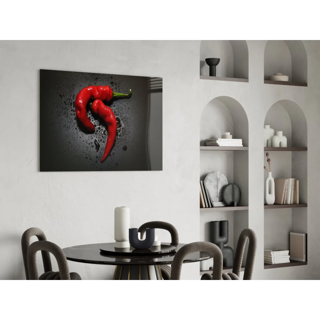 Vibrant red chili peppers on glossy glass wall art canvas