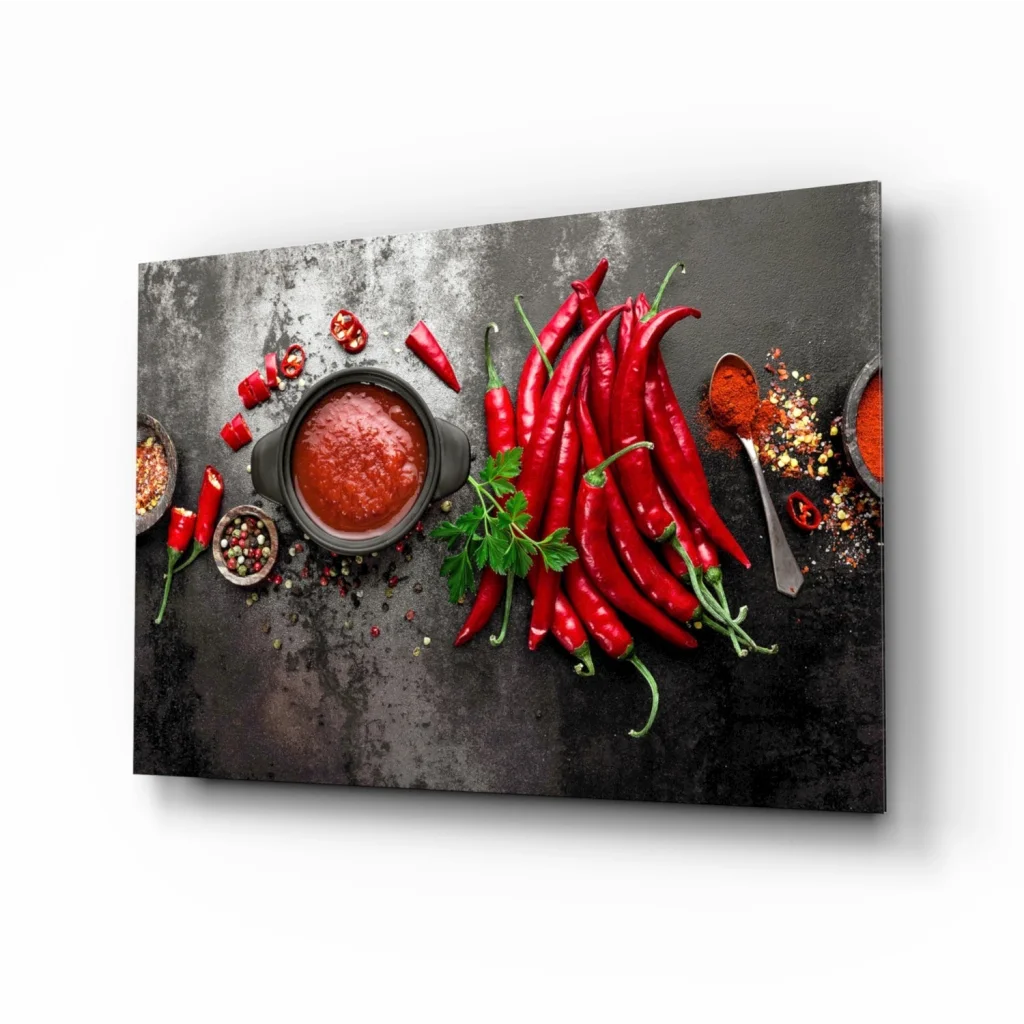 Vibrant spicy red chili pepper glass wall art canvas print