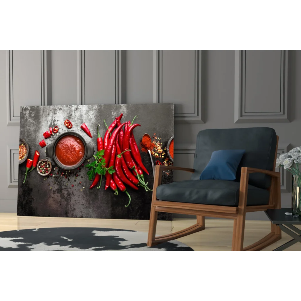 Vibrant red chili peppers in glass wall art canvas print