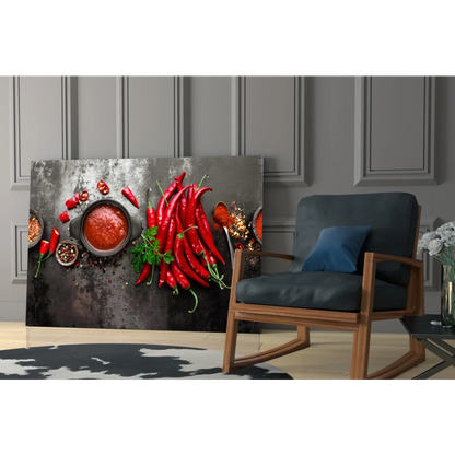 Vibrant red chili peppers in glass wall art canvas print