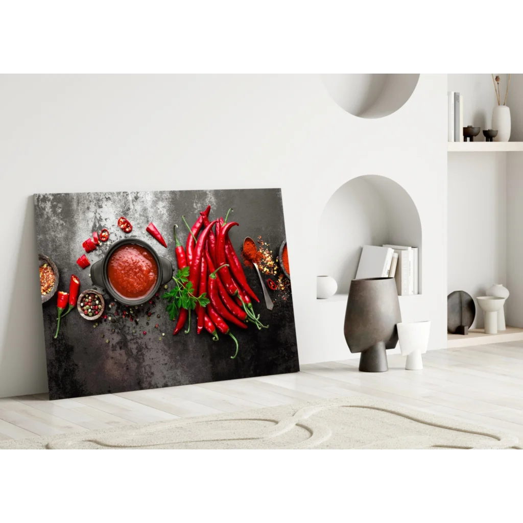 Vibrant red chili pepper glass wall art on textured canvas print