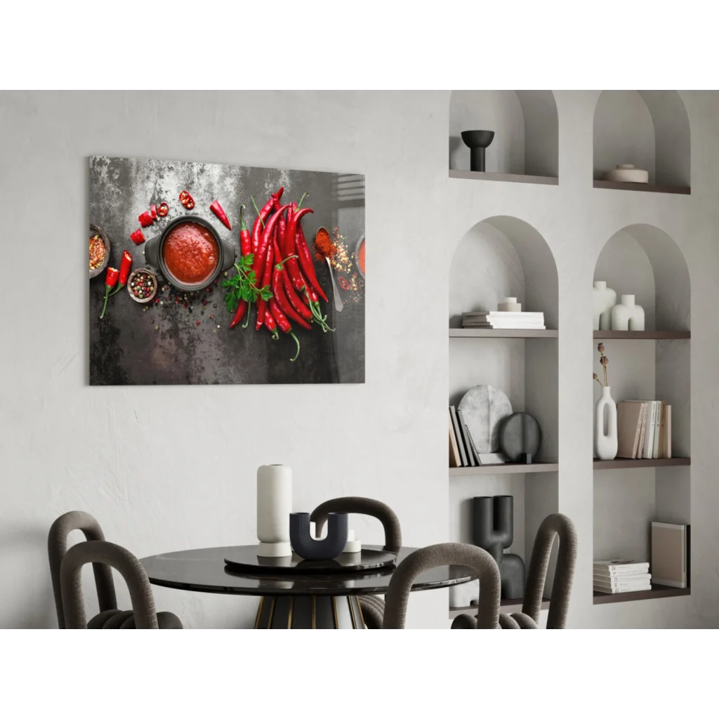 Vibrant red chili pepper glass wall art on dark textured surface
