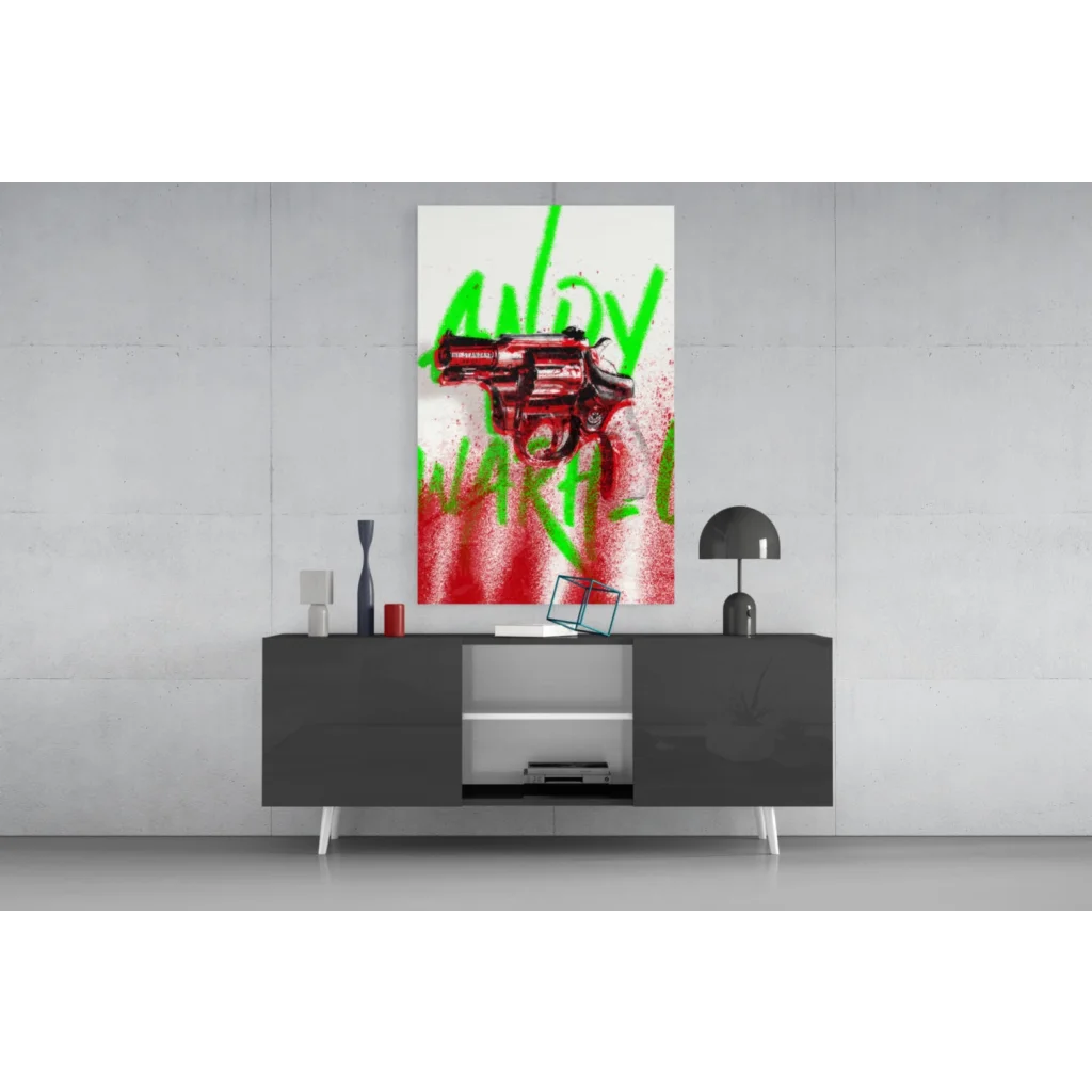 Red Revolver graffiti glass wall art on white canvas