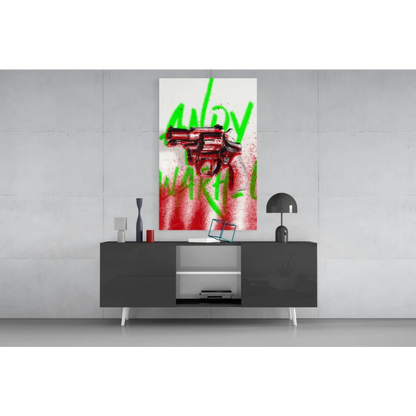Red Revolver graffiti glass wall art on white canvas