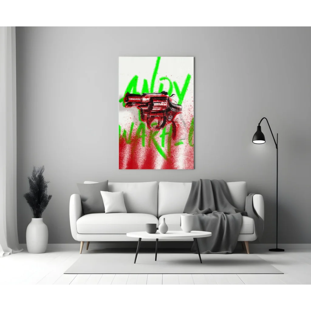 Vibrant red revolver graffiti on glass wall art canvas