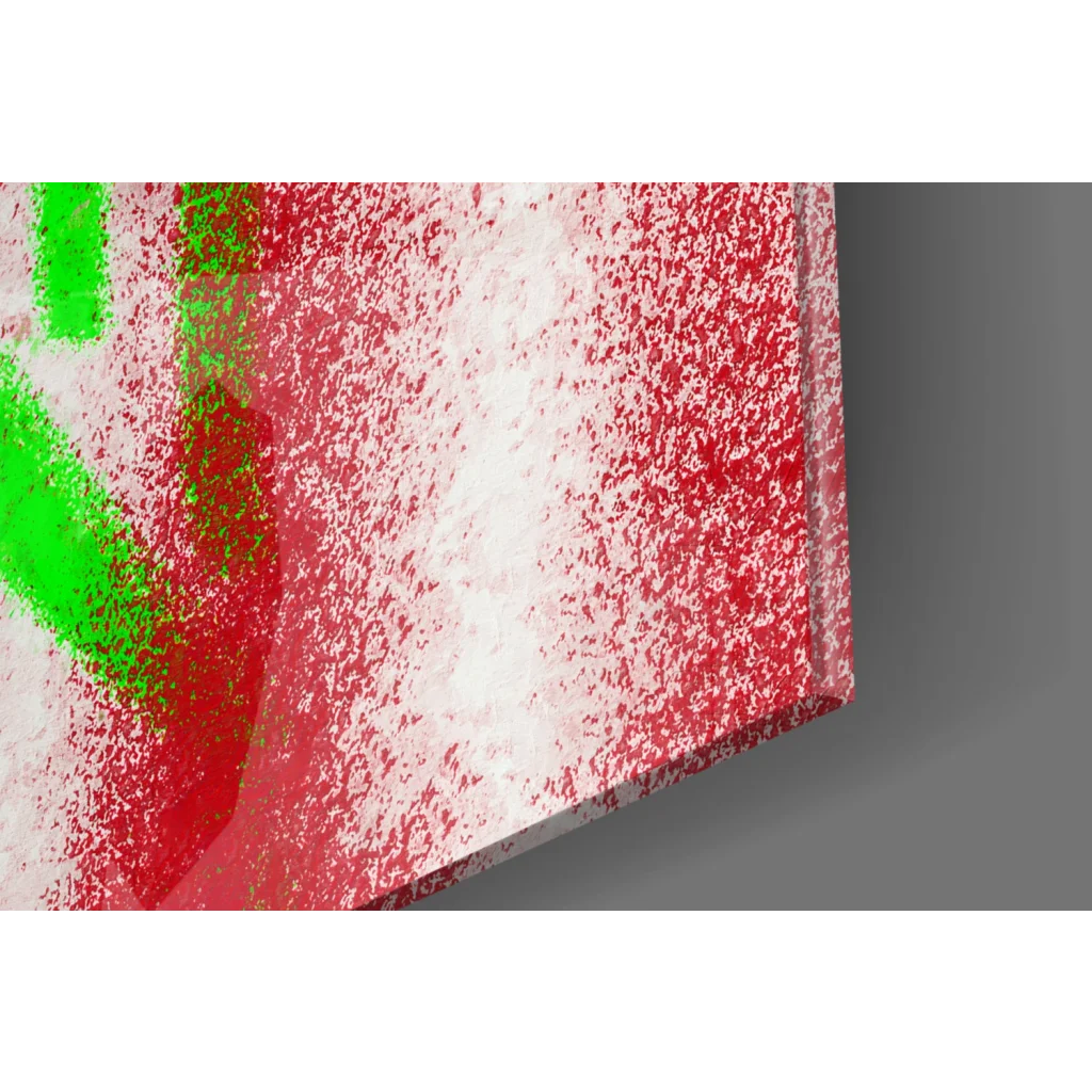 Vibrant red revolver graffiti on glass wall art canvas with green splatters