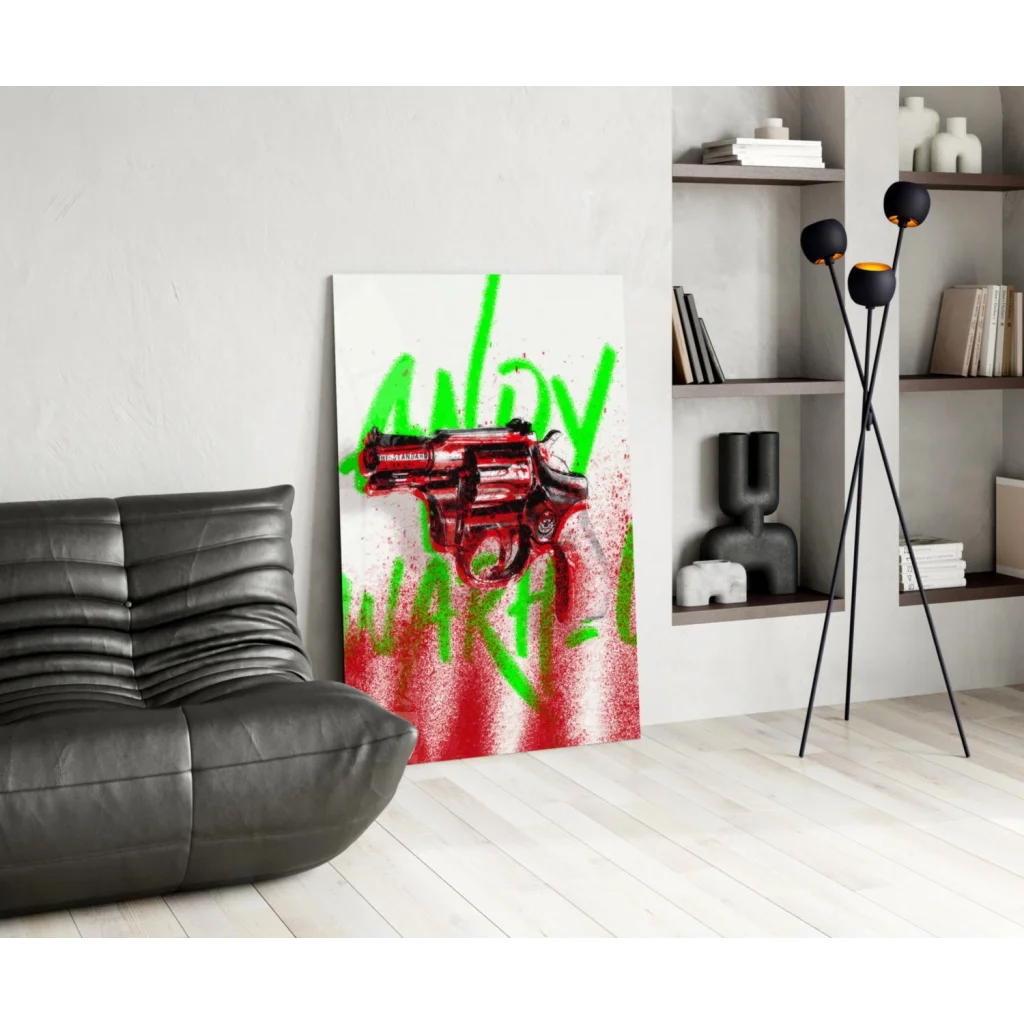 Vibrant red revolver graffiti on glass wall art canvas, away warhol text