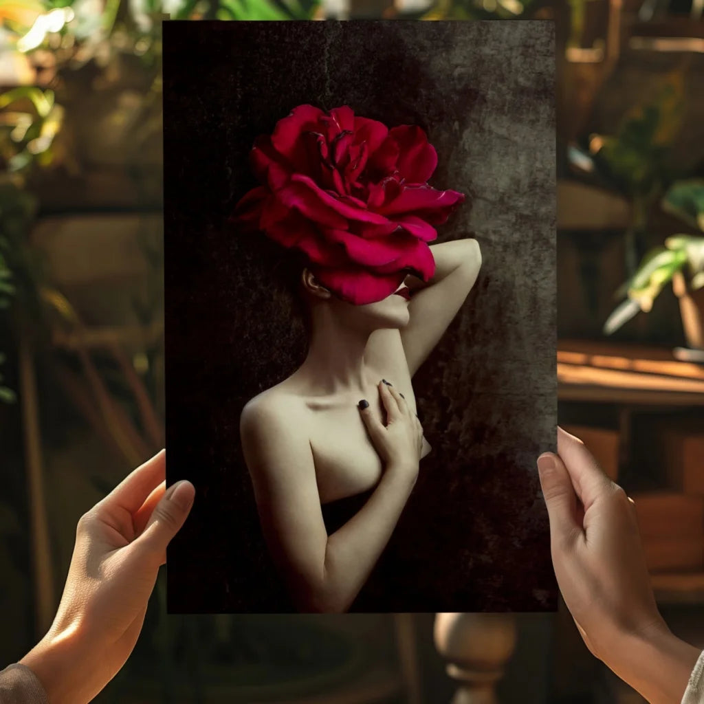 Red rose canvas art print with gold chain detail