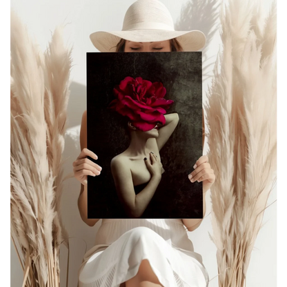 Red rose canvas art print with gold chain detail on black background