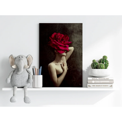 Red rose canvas art print with gold chain detail on textured black background