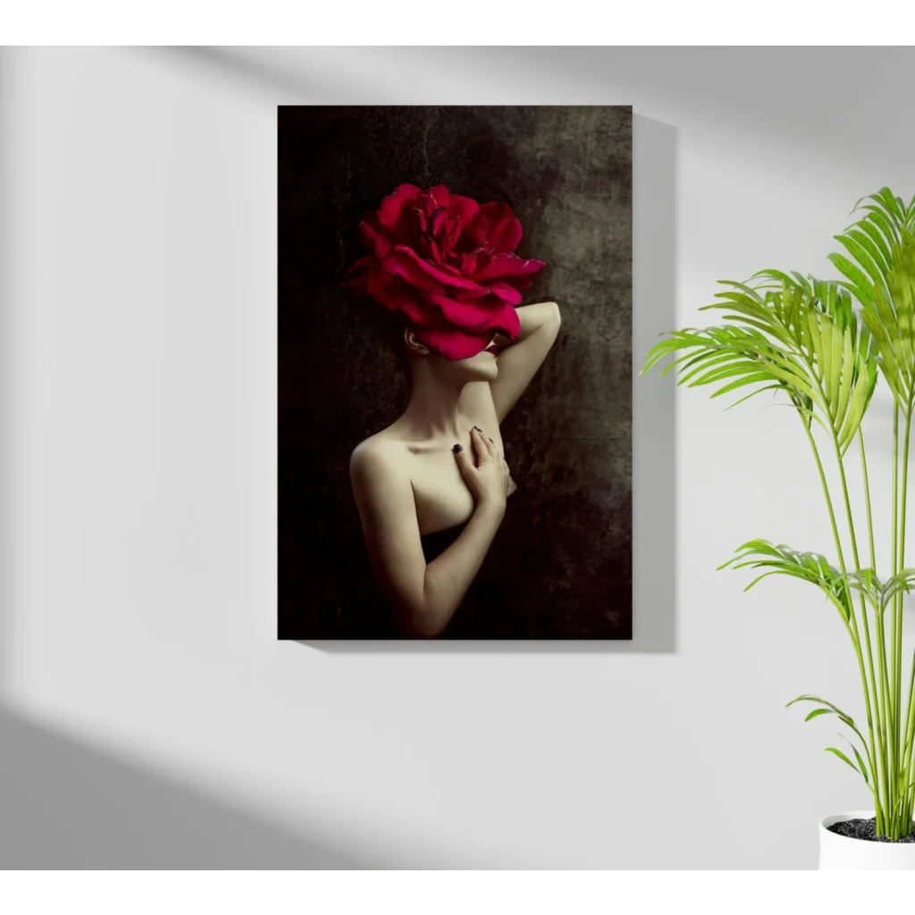 Red rose canvas art print with gold chain detail on textured dark background