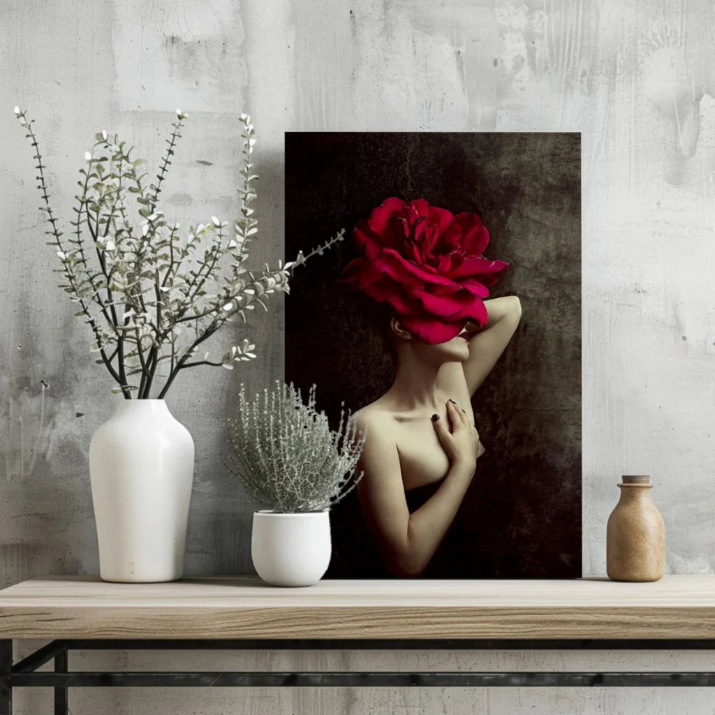 Red rose canvas wall art print with gold chain detail