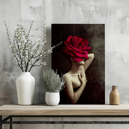 Red rose canvas wall art print with gold chain detail