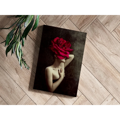 Red rose canvas art print with gold chain detail on wooden floor