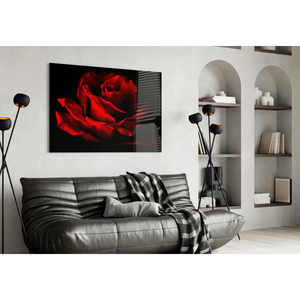 Stunning red rose canvas wall art with glossy finish on black background