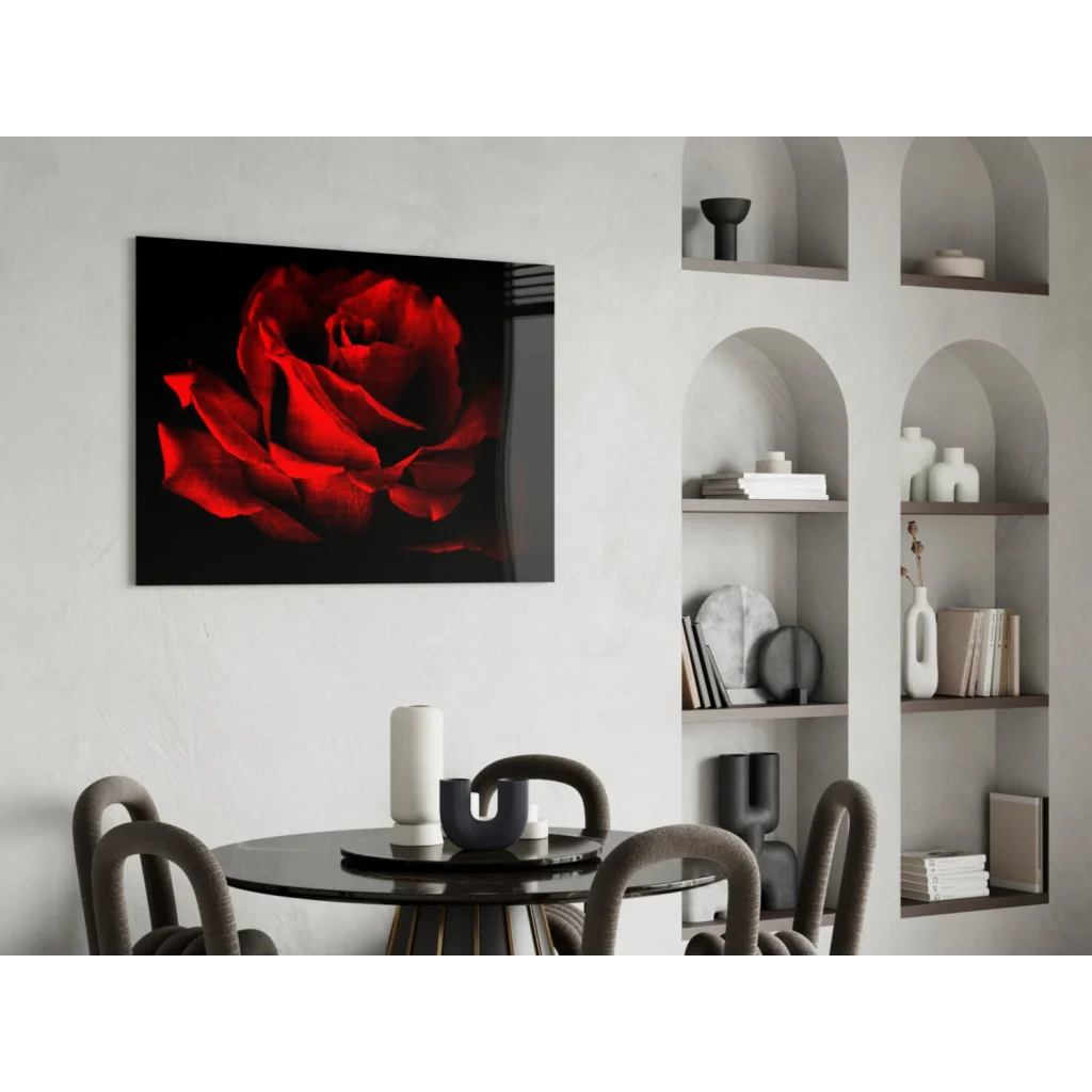 Vibrant red rose glass wall art on sleek black canvas background