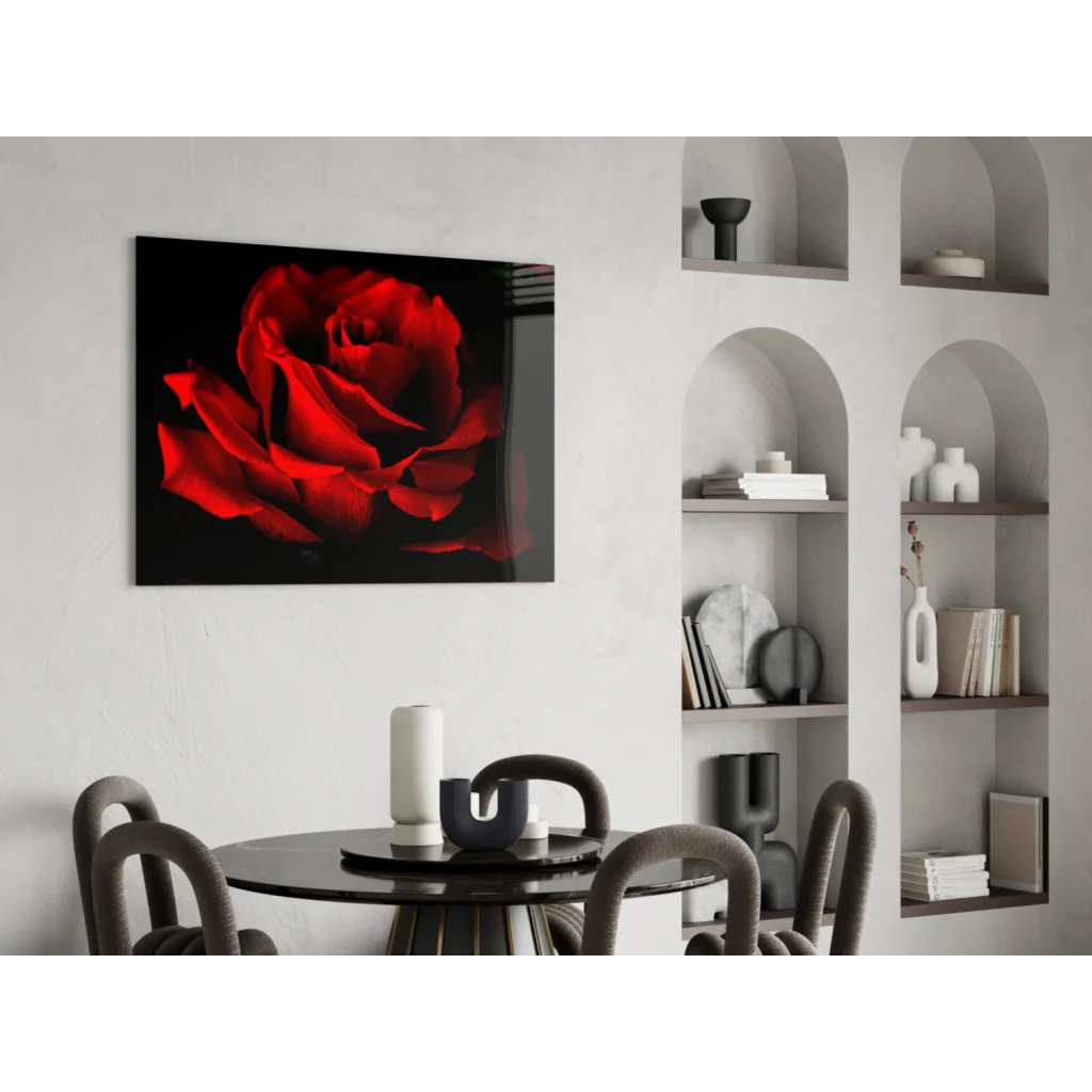 Stunning red rose tempered glass art on sleek black canvas wall mount