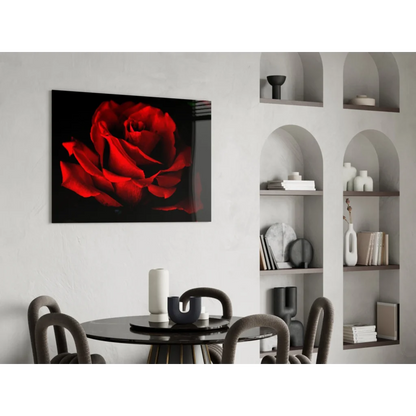 Stunning red rose tempered glass art on sleek black canvas wall mount