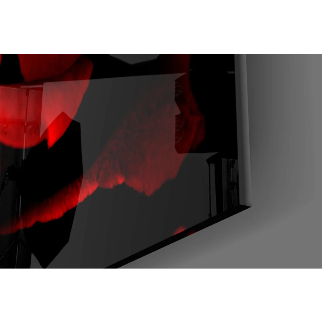 Sleek black monitor with red glow on tempered glass art wall