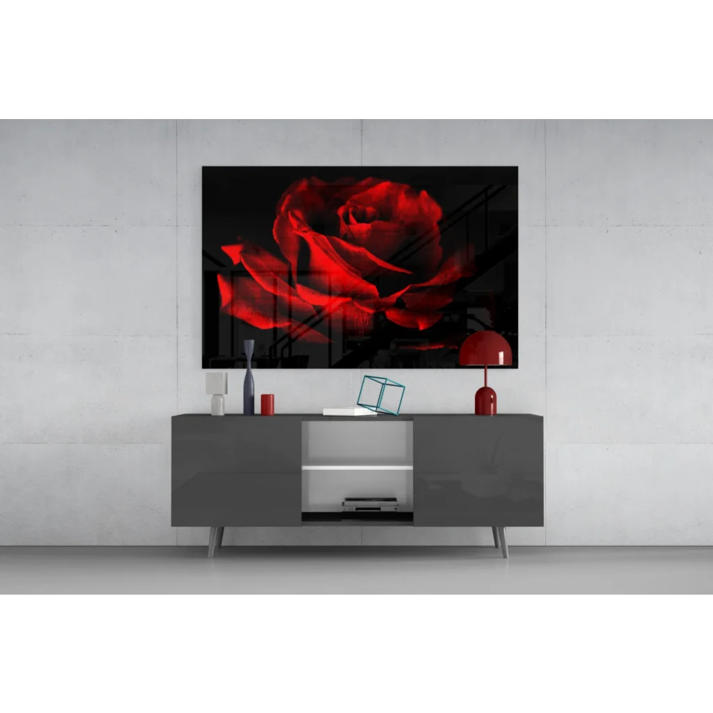 Stunning red rose wall art on black background, modern decor