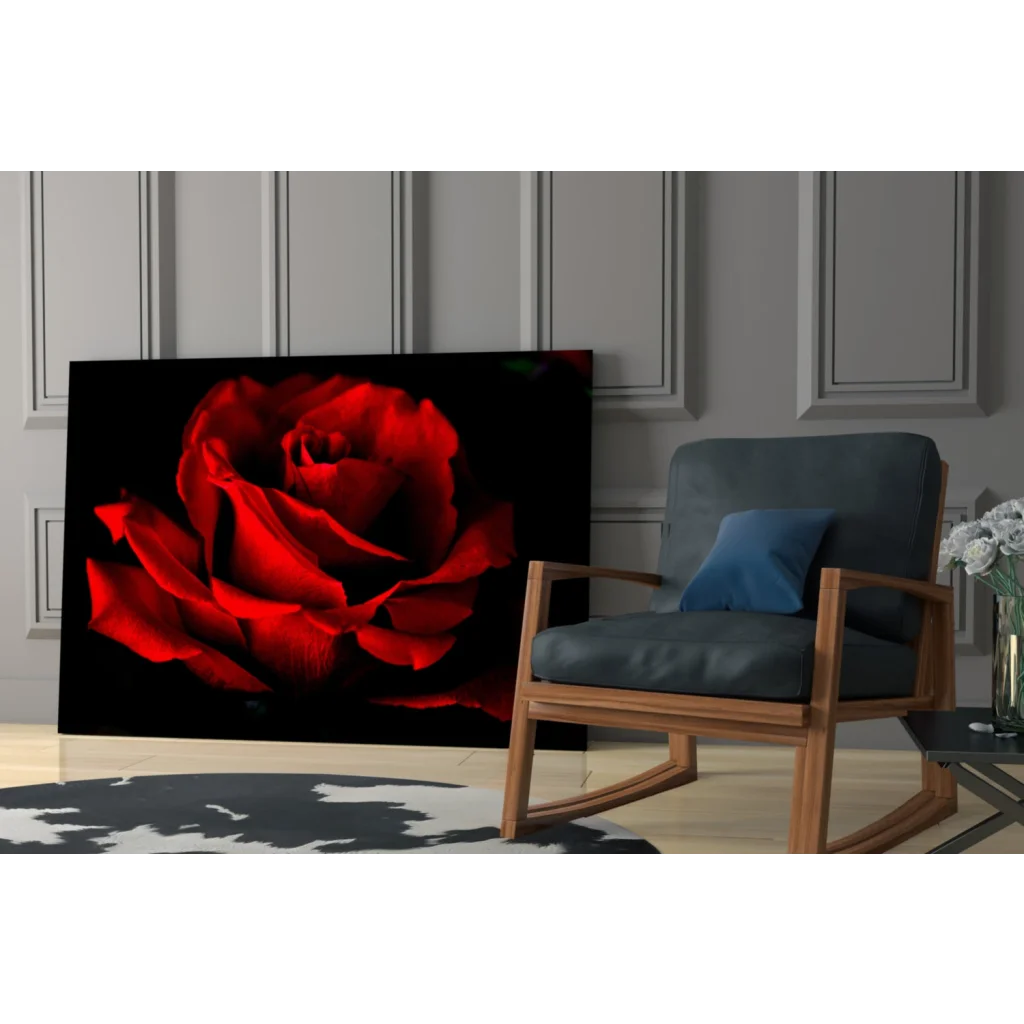 Stunning red rose tempered glass art with glossy finish on black background