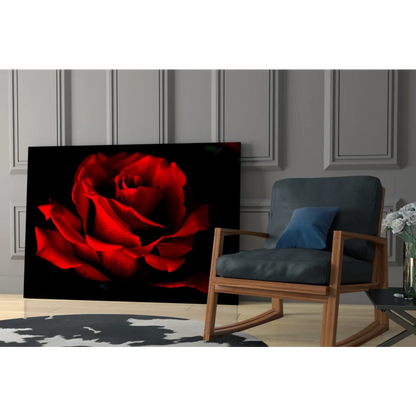 Stunning red rose tempered glass art with glossy finish on black background