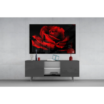 Stunning red rose tempered glass art on black canvas for walls