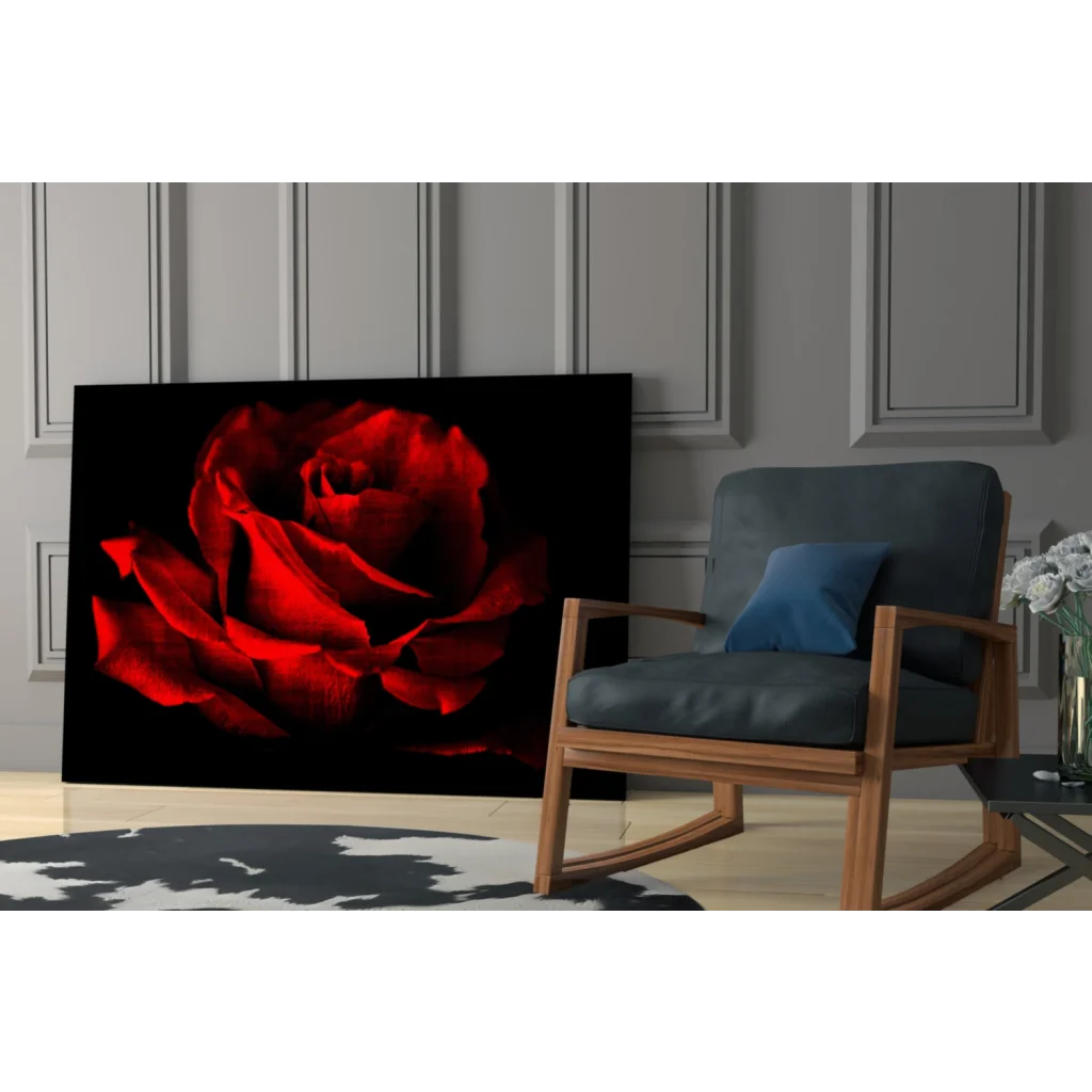 Stunning red rose wall art canvas print on black background