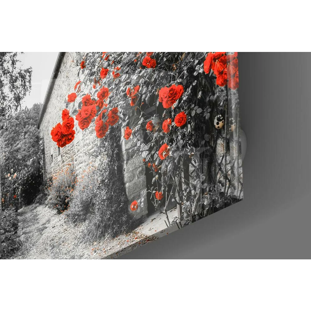 Vibrant red roses cascading over rustic stone wall art print