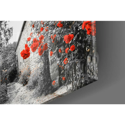 Vibrant red roses cascading over rustic stone wall art print