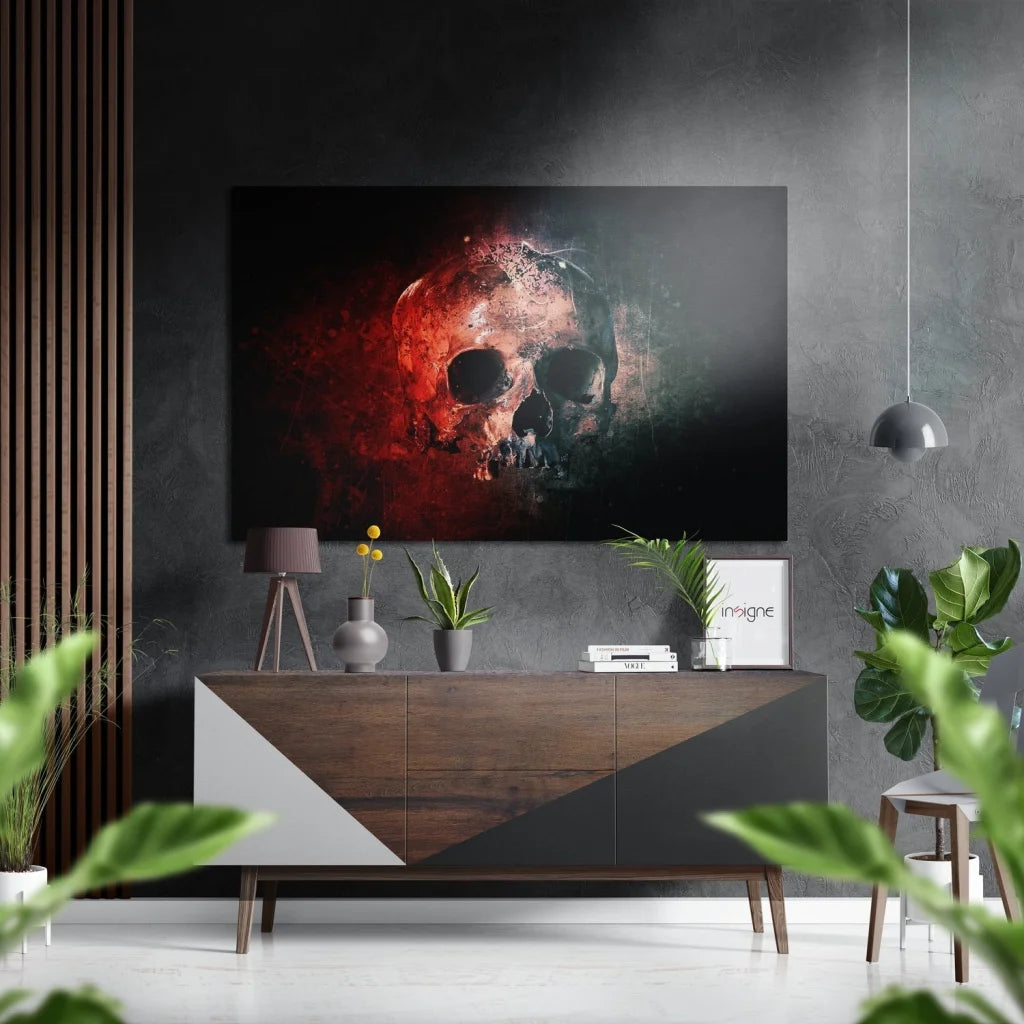 Red skull wall art print on brushed aluminium dibond
