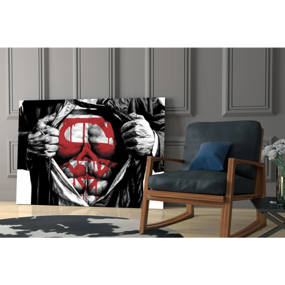 Muscular hero tearing shirt to reveal Red Skull emblem on black-and-white wall art canvas print