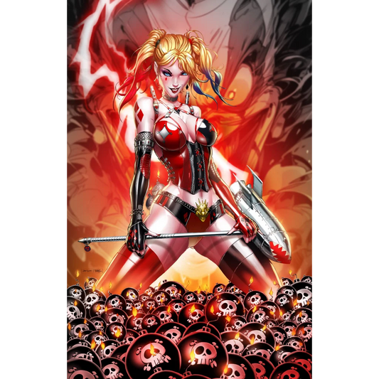 Red skull samurai armor with black Friday clown girl cosplay design