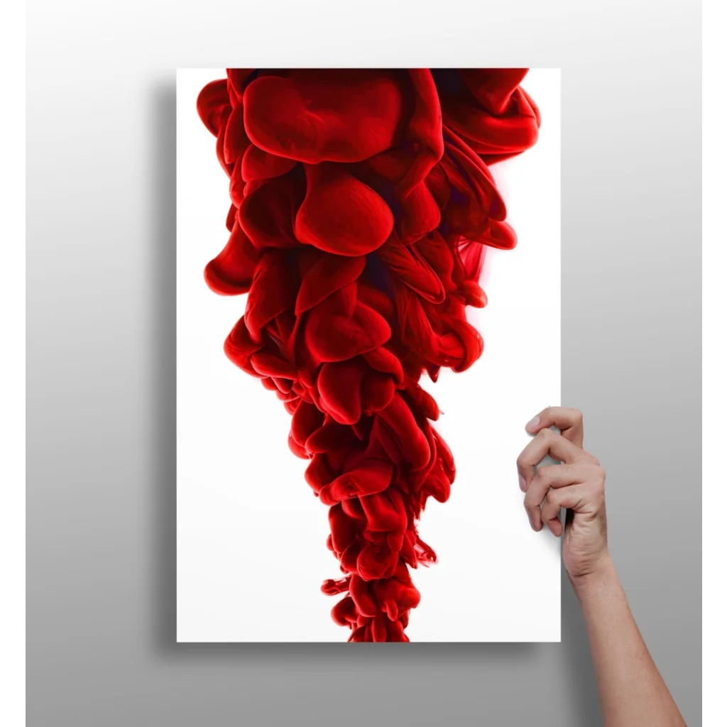 Vibrant red ink swirls on insigne aluminum prints, fluid abstract design