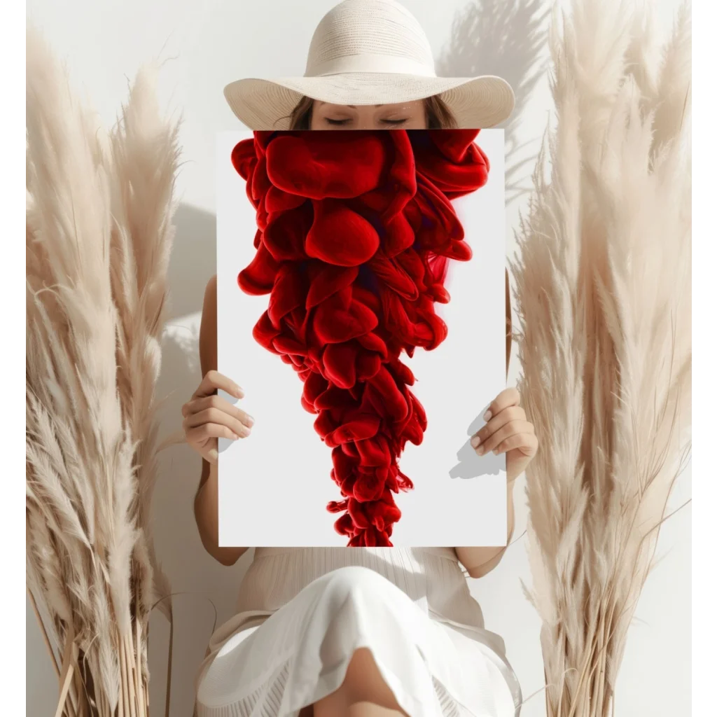 Person holding vibrant red velvety ink swirl insigne aluminum print