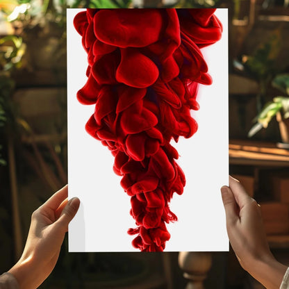 Hands holding vibrant red ink swirl photo on Insigne aluminum print