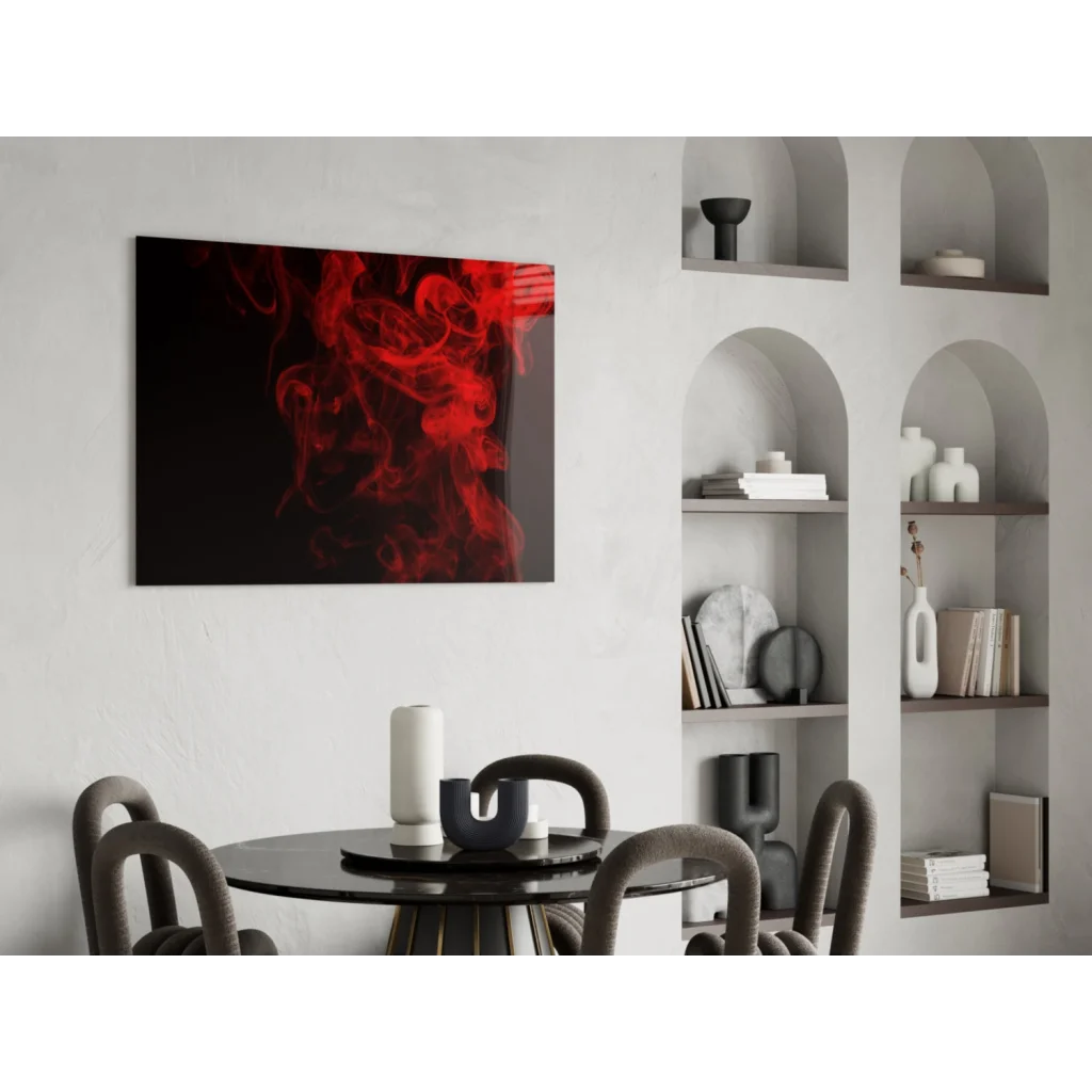 Striking red smoke abstract on black background glass wall art canvas print
