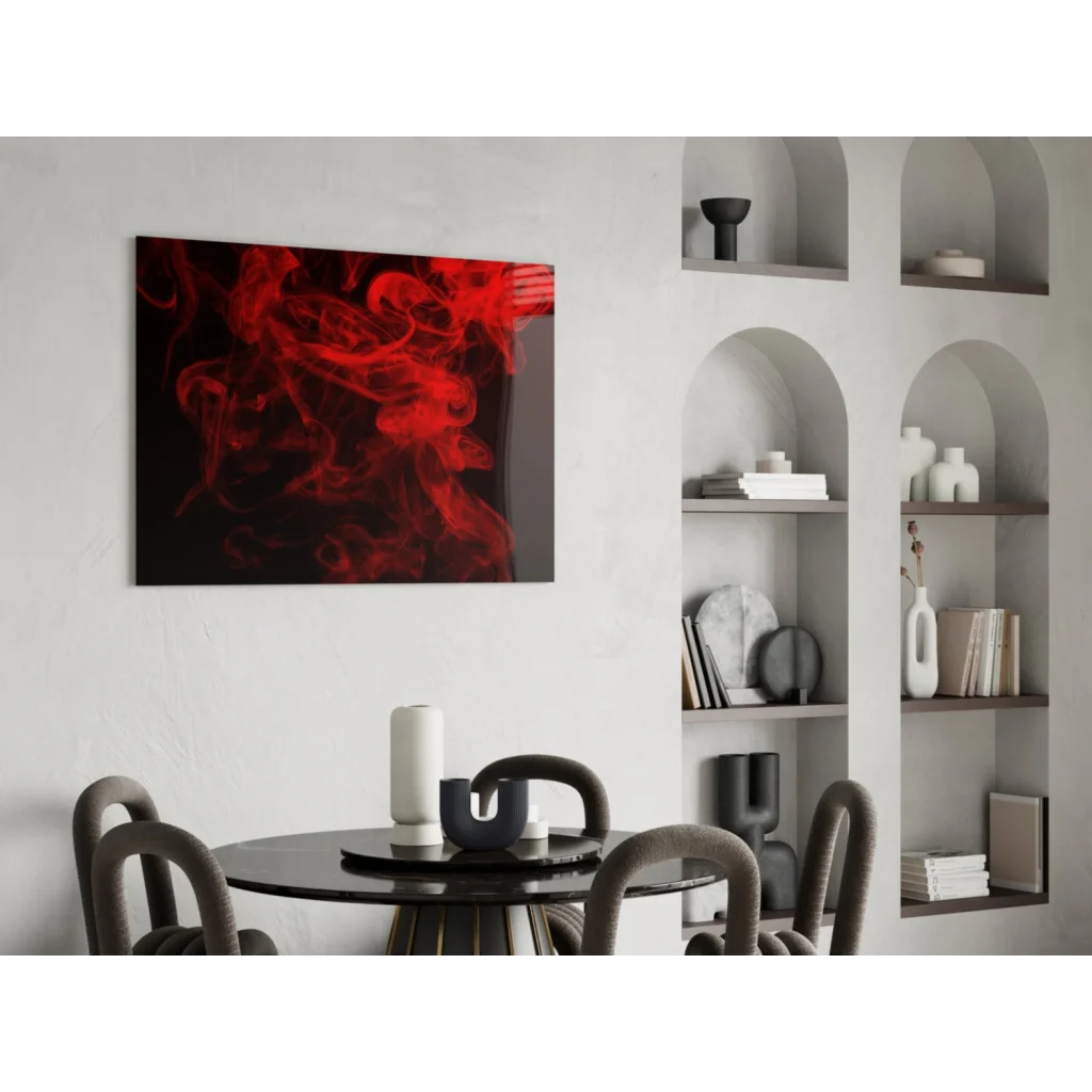 Vibrant red abstract smoke wall art on sleek black canvas