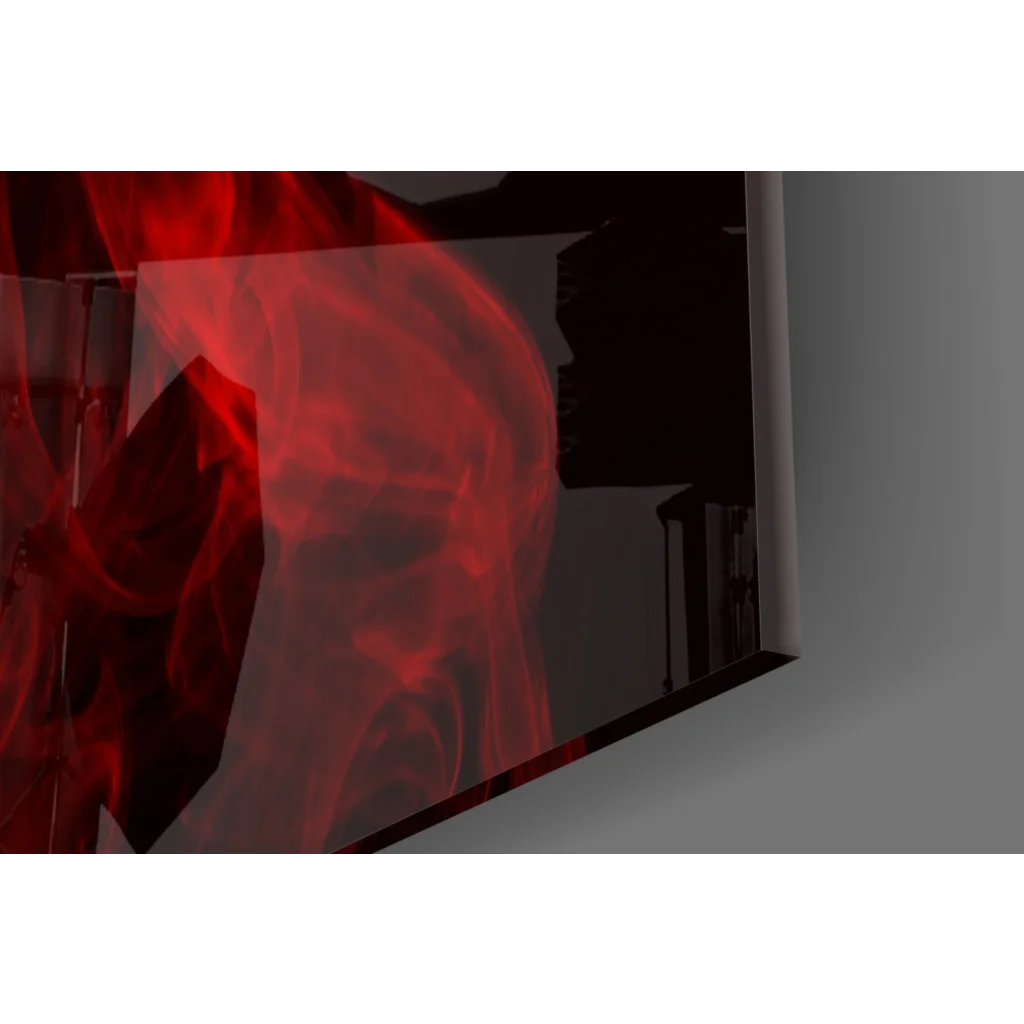 Vibrant red smoke glass wall art on sleek black monitor screen