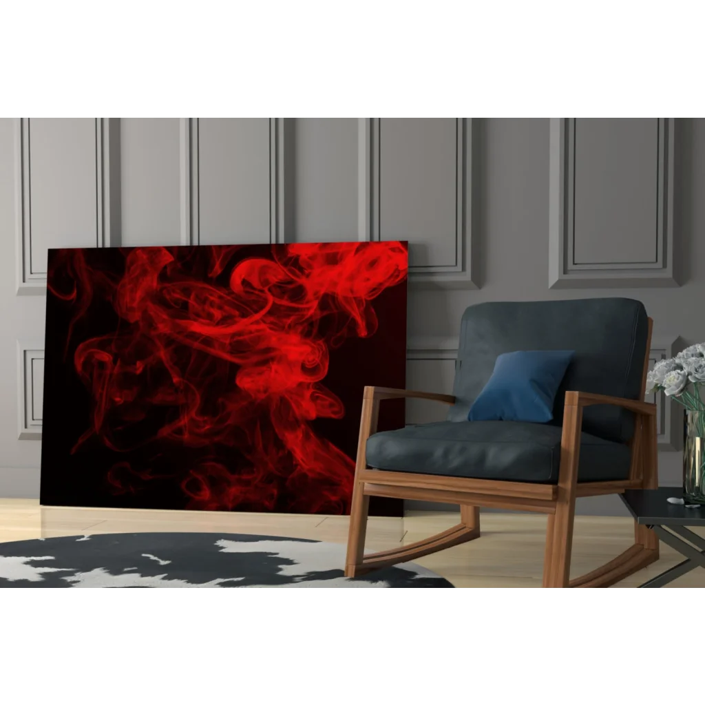 Striking red smoke wall art canvas print with swirling patterns on black background