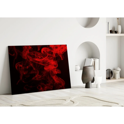 Red smoke wall art canvas print on black background in minimalist room