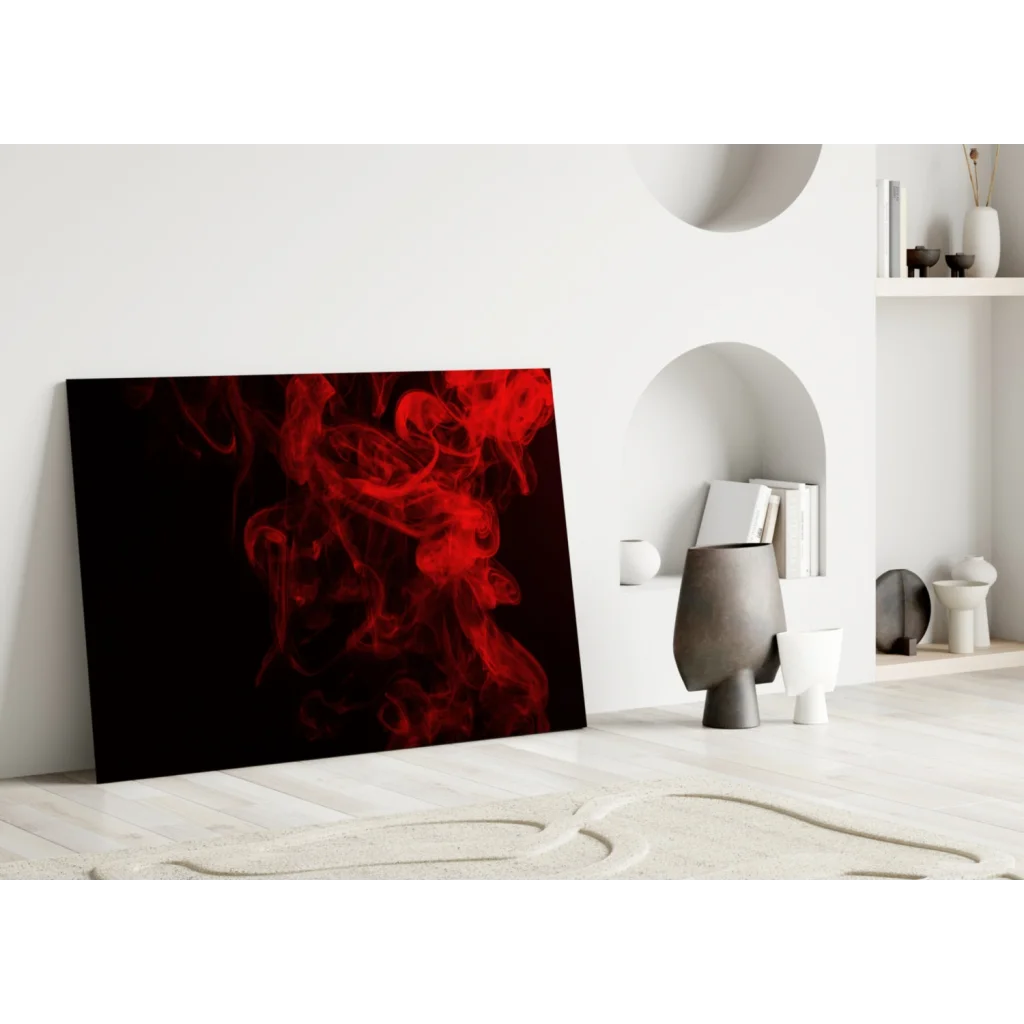 Red smoke glass wall art canvas print in minimalist white room